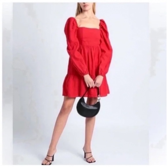 & Other Stories Dresses & Skirts - & OTHER STORIES Linen Peasant Dress Cottagecore Puff Sleeve Red Ruffle 4 EUR 36